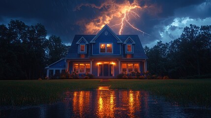 Wall Mural - Dramatic lightning storm over house with glowing windows and reflection in puddles during rainy night Generative AI