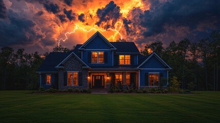 Wall Mural - Dramatic lightning storm over house with glowing windows and reflection in puddles during rainy night Generative AI