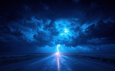 Wall Mural - Massive storm cloud with lightning striking over open road at sunset creating a dramatic and intense sky scene Generative AI