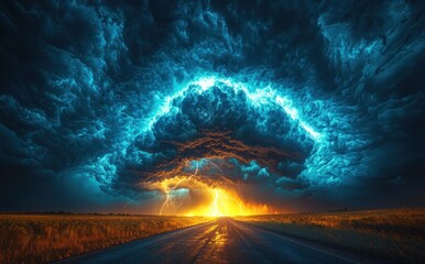 Wall Mural - Massive storm cloud with lightning striking over open road at sunset creating a dramatic and intense sky scene Generative AI