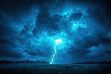 Wall Mural - Bright lightning bolt strikes under massive dark blue storm clouds over a grassy field at night Generative AI