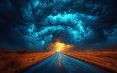 Wall Mural - Massive storm cloud with lightning striking over open road at sunset creating a dramatic and intense sky scene Generative AI
