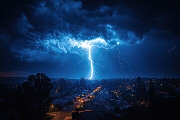 Wall Mural - Bright lightning bolt strikes under massive dark blue storm clouds over a grassy field at night Generative AI