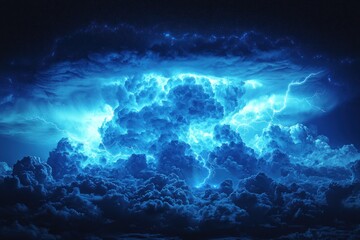Wall Mural - Bright lightning bolt strikes under massive dark blue storm clouds over a grassy field at night Generative AI