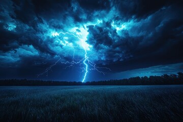 Wall Mural - Bright lightning bolt strikes under massive dark blue storm clouds over a grassy field at night Generative AI