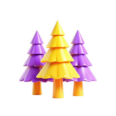 Poster - A set of three vibrant 3D trees, featuring a mix of purple and yellow colors, with a glossy surface, isolated on a black background.