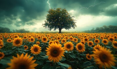 Wall Mural - Sunflower field with solitary tree under dark stormy sky as lightning strikes in the distance Generative AI