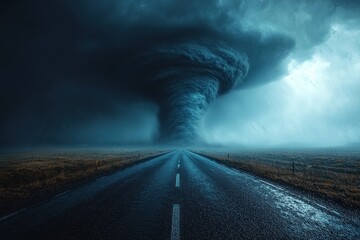 Wall Mural - Fiery tornado spiraling down a deserted road with dark storm clouds overhead in a dramatic landscape Generative AI