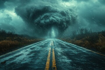 Wall Mural - Fiery tornado spiraling down a deserted road with dark storm clouds overhead in a dramatic landscape Generative AI