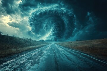 Wall Mural - Fiery tornado spiraling down a deserted road with dark storm clouds overhead in a dramatic landscape Generative AI