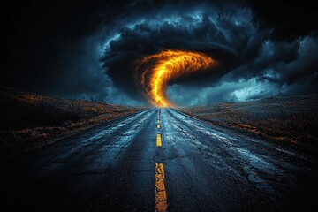 Wall Mural - Fiery tornado spiraling down a deserted road with dark storm clouds overhead in a dramatic landscape Generative AI