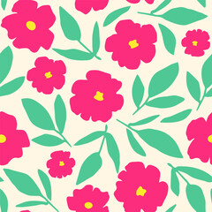 Wall Mural - Simple floral vector seamless pattern. Pink flowers, green leaves on a light background. For fabric prints, textile products, clothing. Summer collection.