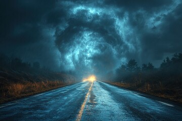 Wall Mural - Fiery tornado spiraling down a deserted road with dark storm clouds overhead in a dramatic landscape Generative AI