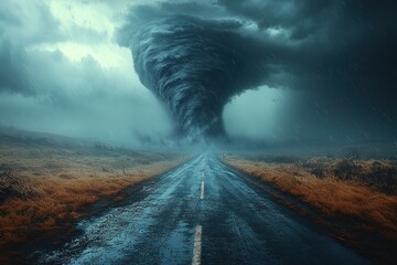 Wall Mural - Fiery tornado spiraling down a deserted road with dark storm clouds overhead in a dramatic landscape Generative AI