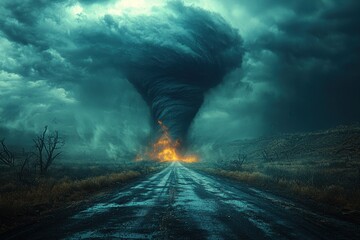 Wall Mural - Fiery tornado spiraling down a deserted road with dark storm clouds overhead in a dramatic landscape Generative AI