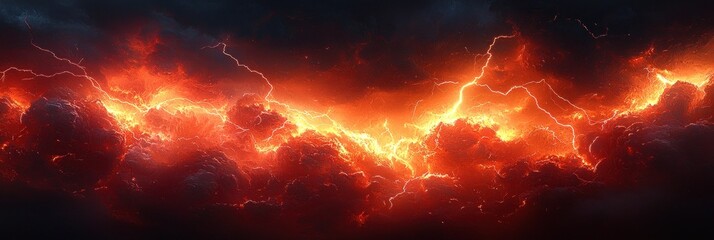 Wall Mural - Intense fiery lightning storm with glowing red and orange clouds creating a dramatic and powerful cosmic atmosphere Generative AI