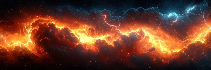 Wall Mural - Intense fiery lightning storm with glowing red and orange clouds creating a dramatic and powerful cosmic atmosphere Generative AI