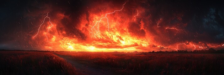 Wall Mural - Intense fiery lightning storm with glowing red and orange clouds creating a dramatic and powerful cosmic atmosphere Generative AI