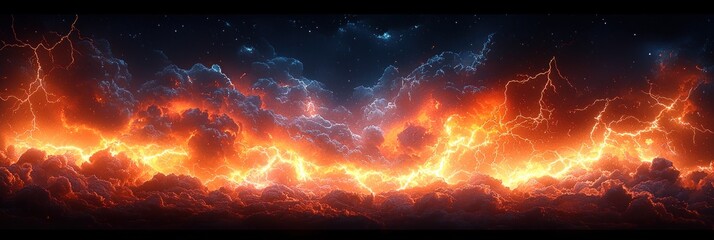 Wall Mural - Intense fiery lightning storm with glowing red and orange clouds creating a dramatic and powerful cosmic atmosphere Generative AI