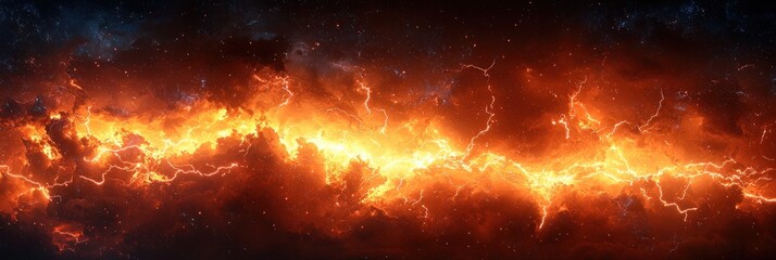 Wall Mural - Intense fiery lightning storm with glowing red and orange clouds creating a dramatic and powerful cosmic atmosphere Generative AI