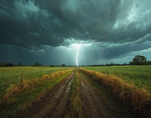 Wall Mural - Powerful lightning bolt strikes a green field under a stormy sky with glowing clouds and falling rain Generative AI