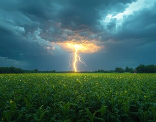Wall Mural - Powerful lightning bolt strikes a green field under a stormy sky with glowing clouds and falling rain Generative AI