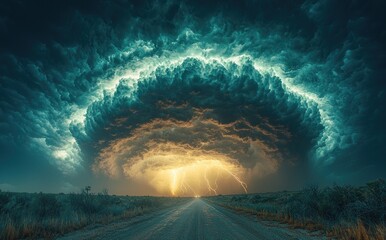 Wall Mural - Fiery lightning storm over a long empty road with dramatic glowing clouds and vibrant sky during sunset Generative AI