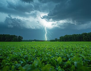Wall Mural - Powerful lightning bolt strikes a green field under a stormy sky with glowing clouds and falling rain Generative AI