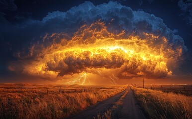 Wall Mural - Fiery lightning storm over a long empty road with dramatic glowing clouds and vibrant sky during sunset Generative AI