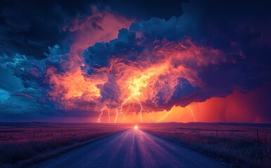 Wall Mural - Fiery lightning storm over a long empty road with dramatic glowing clouds and vibrant sky during sunset Generative AI