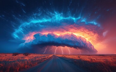 Wall Mural - Fiery lightning storm over a long empty road with dramatic glowing clouds and vibrant sky during sunset Generative AI