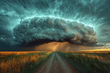 Wall Mural - Massive supercell storm with lightning striking over dirt road and vast grassy field under dramatic sky Generative AI