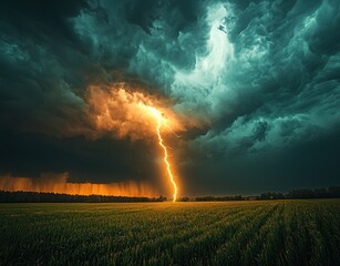 Wall Mural - Powerful lightning bolt strikes a green field under a stormy sky with glowing clouds and falling rain Generative AI