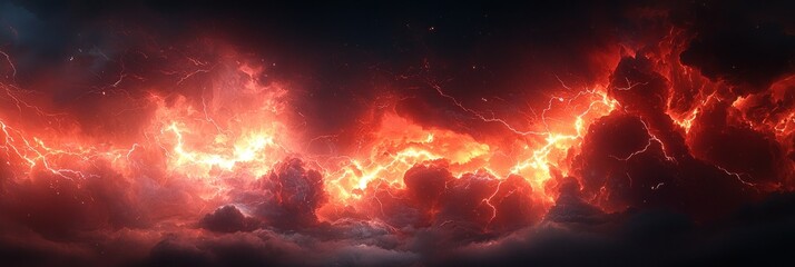 Wall Mural - Fiery cosmic storm with glowing red and orange lightning illuminating turbulent clouds in a dramatic outer space scene Generative AI