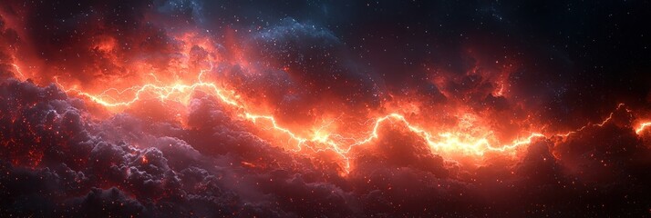 Wall Mural - Fiery cosmic storm with glowing red and orange lightning illuminating turbulent clouds in a dramatic outer space scene Generative AI