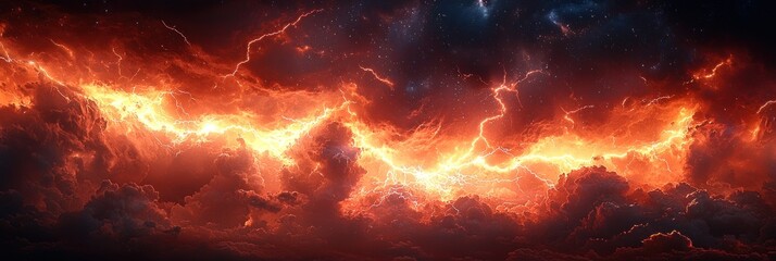 Wall Mural - Fiery cosmic storm with glowing red and orange lightning illuminating turbulent clouds in a dramatic outer space scene Generative AI