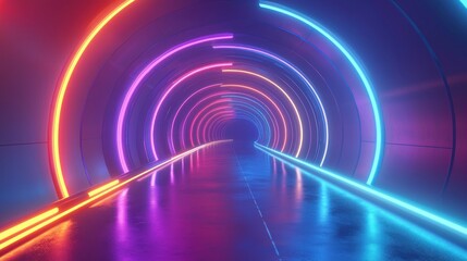 Wall Mural - Abstract neon blue and pink light trails in a futuristic tunnel Generative AI