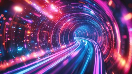 Wall Mural - Abstract neon blue and pink light trails in a futuristic tunnel Generative AI