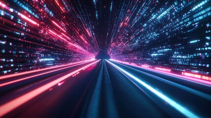 Wall Mural - Abstract neon blue and pink light trails in a futuristic tunnel Generative AI