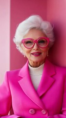 Wall Mural - A cheerful elderly woman in stylish pink attire and glasses poses confidently against a vibrant pink backdrop and speaks to the camera