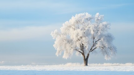 Wall Mural - a beautiful tree, covered in snow, stands alone in the snowy field against a blue sky
