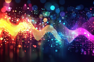 Wall Mural - Colorful flowing wave of light with glowing particles and bokeh in dark abstract Generative AI