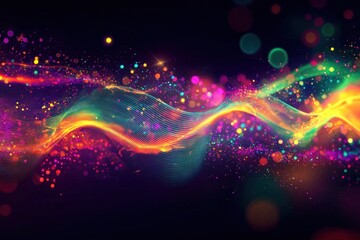 Wall Mural - Colorful flowing wave of light with glowing particles and bokeh in dark abstract Generative AI
