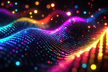 Wall Mural - Colorful flowing wave of light with glowing particles and bokeh in dark abstract Generative AI
