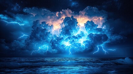 Wall Mural - Intense lightning storm illuminating dark blue clouds creating a dramatic and powerful sky scene Generative AI