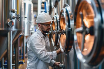 A person in a hard hat and safety vest inspects a large industrial machine