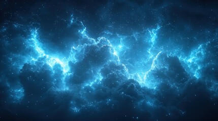 Wall Mural - Glowing electric blue clouds with lightning flashes illuminating a dark, star-filled sky creating a surreal celestial scene Generative AI
