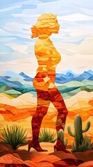 Fragmented abstract woman in desert blocks with cacti.