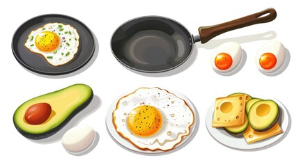 A plate of breakfast food with scrambled eggs, sliced avocado, and toasted bread