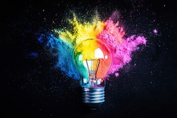 Poster - Paint splatter and shards of glass explode on a black background as a creative light bulb is blown up. Think differently with this ideas concept. Dry paint splatter. Brainstorming ideas.